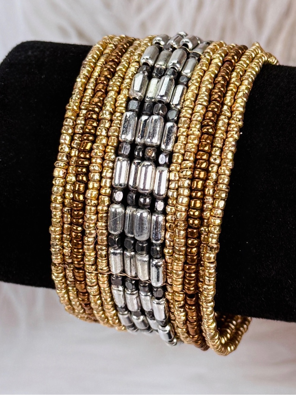 Bohemian Chic Goldtone and Silvertone Beaded Multi-Layer Cuff Bracelet